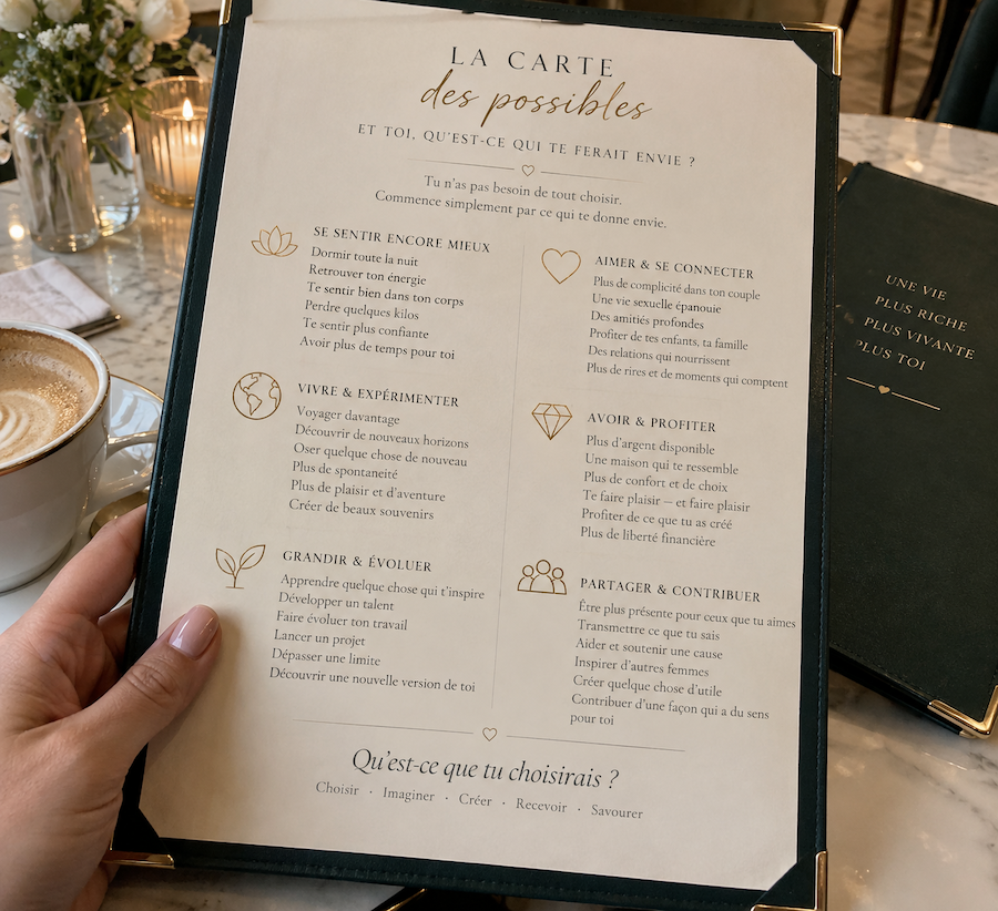 La carte des possibles : un menu illustré listant des expériences de vie possibles, réparties en six catégories — se sentir mieux, aimer et se connecter, vivre et expérimenter, avoir et profiter, grandir et évoluer, partager et contribuer