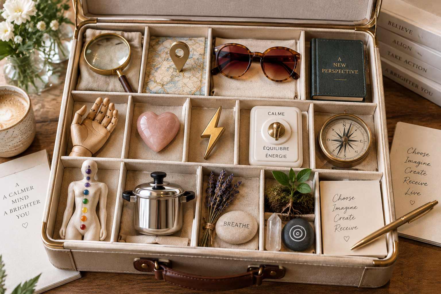La boîte à outils Vivre Épanouie : une mallette contenant des objets symboliques représentant des outils concrets pour retrouver calme, clarté et confiance au quotidien